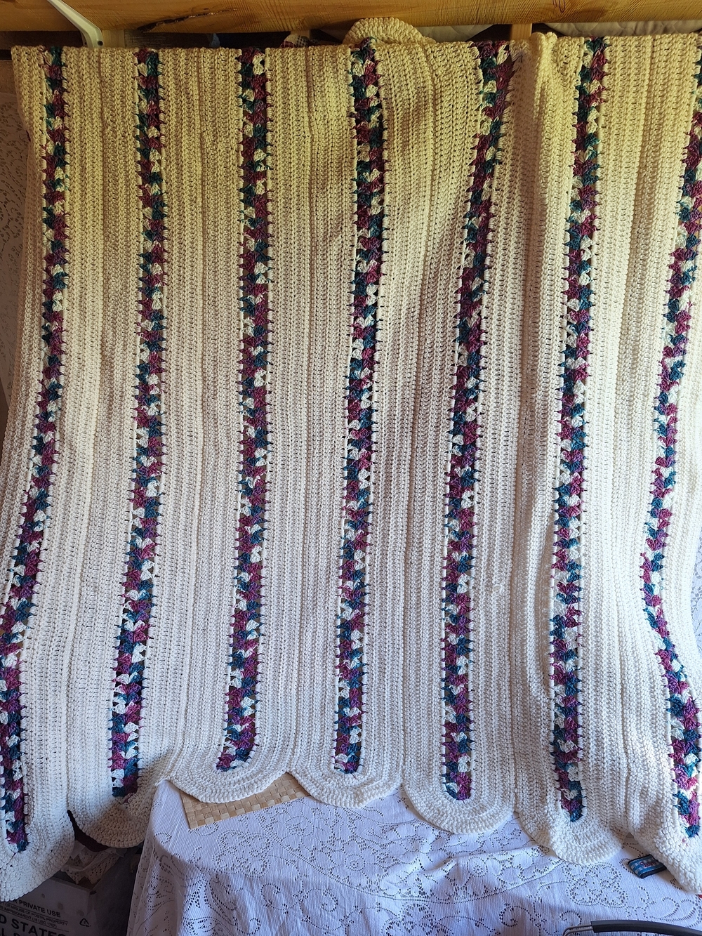 Vintage Handmade Cream Crochet Bedthrow/afgan with Multicolor Floral Stripes